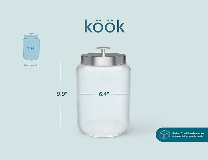 KooK Glass Storage Containers with Lids, 1 Gallon, Set of 2, Glass Canister, Laundry Jar, Kitchen Jar, Storage for Pantry, (3.7, Circular, Silver)