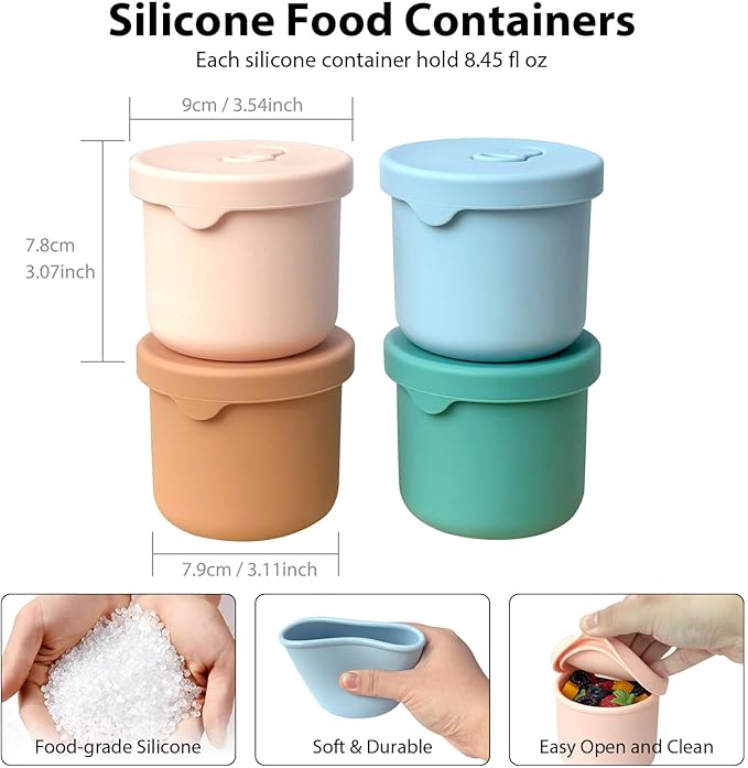 4 Pack 8.5 oz Silicone Food Containers for Kids, Reusable Baby Snack Fruits Container with Lids, Leak Proof Silicone Food Storage Containers Kids Small Lunch Box BPA Free for Daycare School Travel