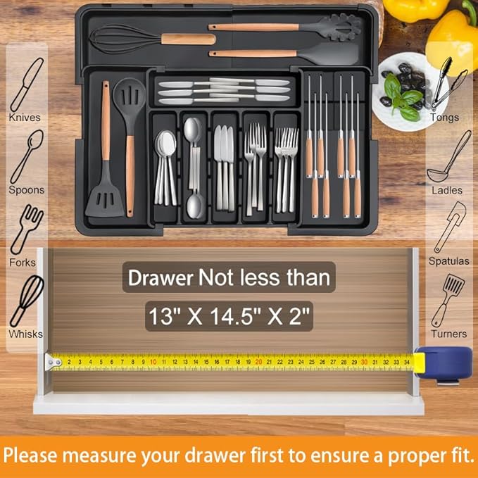 Homecor Silverware Organizer - Expandable Large Kitchen Drawer Organizer Utensil Organizer with 2 Removable Knife Blocks, 22"x 19"Cutlery Tray Drawer Dividers for Kitchen Flatware(6-9 Slots) (Black)
