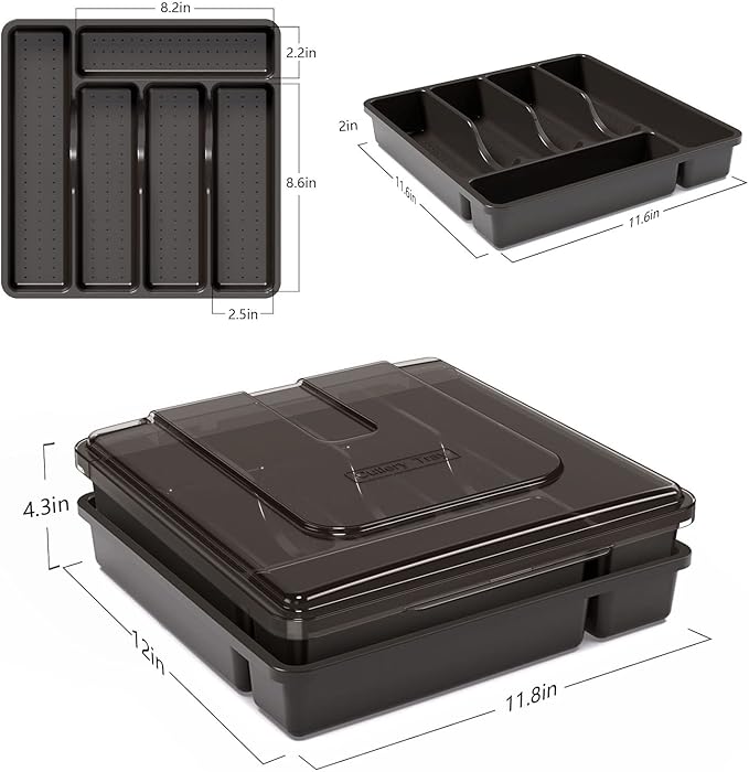 Silverware Holder with Lid, Double Layer Utensil Tray with Cover Large Flatware Organizer Plastic Cutlery Container for Kitchen Drawer Countertop 10 Compartments,Black