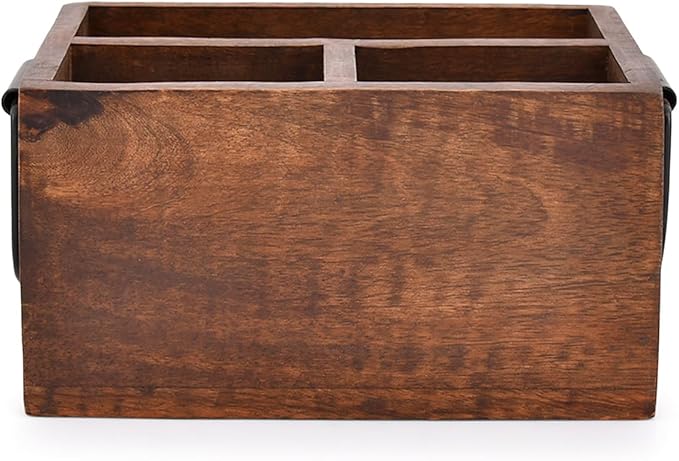 EDHAS 3 Compartment Flatware Caddy, Cutlery Utensil Holder with Metal Handles for Farmhouse Kitchen Decor and Countertop, Dining Table, Office Organizer (8" x 6" x 4")