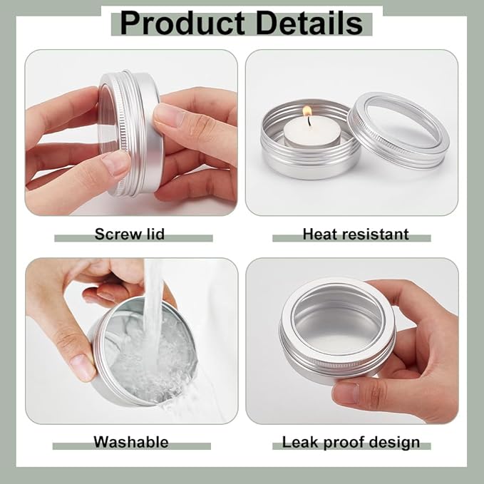 BENECREAT 14 Pack 2 OZ Tin Cans Screw Top Round Aluminum Cans Screw Lid Containers with Clear Window - Great for Store Spices, Candies, Tea or Gift Giving (Platinum)