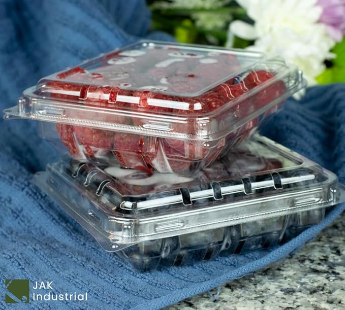 42 Pack - 6 Ounce Clear Plastic Vented Berry Containers with Clamshell Lids - For Blueberries, Raspberries, Blackberries