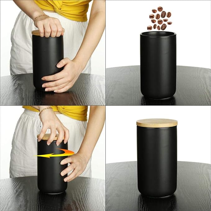 YYW Ceramic Food Storage Jar Canister with Airtight Wooden Lid, Modern Design Food Canisters Loose Tea Coffee Sugar Spice Nuts Snacks Seasonings Storage Jar Caddy (White 23.66oz/700ml)