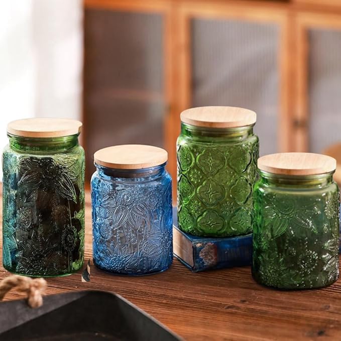 Vintage Glass Jar with Bamboo Lid, 23.7oz Blue Glass Jars, Decorative Mason Jar for Home Kitchen Storage Coffee Tea Sugar Candy Dish Cute Jar (Blue, 1Pack)