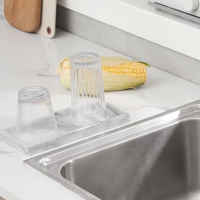 Bathroom Trays for Counter, Slicone Vanity Trays for Bathroom, Rectangle Sponge Holder for Kitchen Sink - Marble Grey