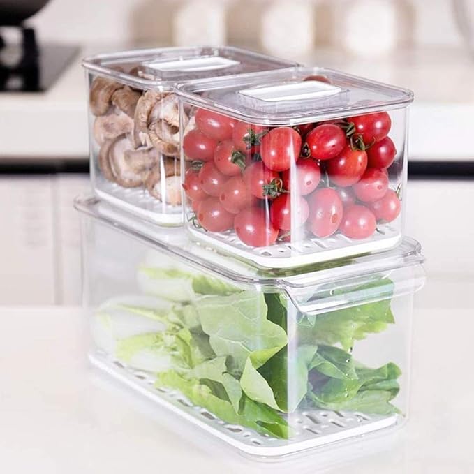 Slideep Fridge Produce Saver Food Storage Bin Containers, Stackable Refrigerator Freezer Organizer Bins with Removable Drain Tray, Fridge Fresh Keeper for Veggie, Berry, Fruits, Vegetables 6 Pack