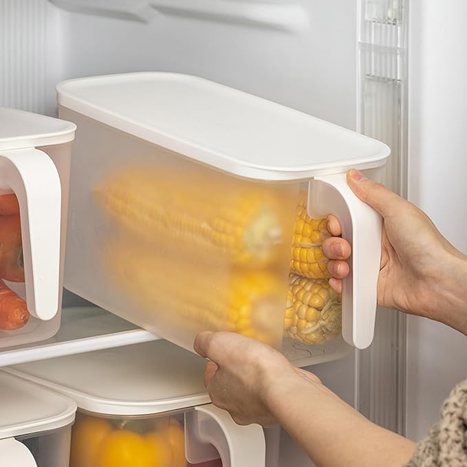 MineDecor 4 Pack Plastic Storage Containers Square Food Storage Organizer Stackable Refrigerator Organizer Handle Kitchen Containers with Lids for Fruits Vegetables Meat Egg