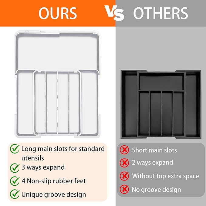 Adjustable Kitchen Utensil Organizer Plastic Silverware Drawer Organizer, Expandable Cutlery Drawer Organizer BPA Free Flatware Tray for Spoons Forks Knives Organizers Divider, White