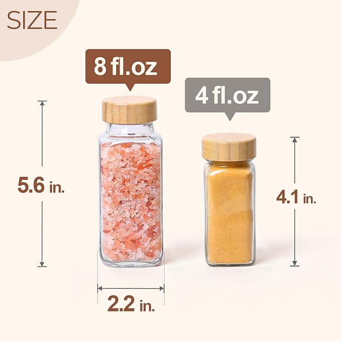 ComSaf 8 oz 6Pcs Glass Spice Jars with Label, Empty Spice Containers with Bamboo Lids, Square Seasoning Containers Trial and Supplement Set, Small Seasoning Bottles for Salt, Herbs, Sugar, Pepper