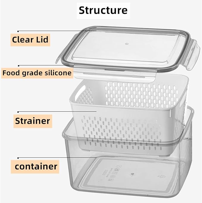 Fruit Vegetable Storage Containers for Fridge,3 PCS Produce Saver Containers for Refrigerator Organizer Bins,Plutuus BPA free Plastic Produce Keepers with Lid & Colander for Salad Berry Lettuce