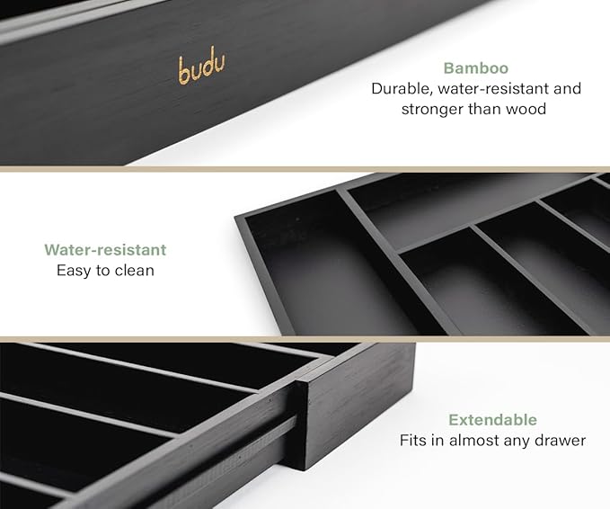 budu Silverware Drawer Organizer #15.0" Depth – Black - Utensil Holder, Kitchen Drawer Organizers for Flatware, Cutlery – Perfect Utensil Organizer for Silverware & Other Kitchen Organization Tools