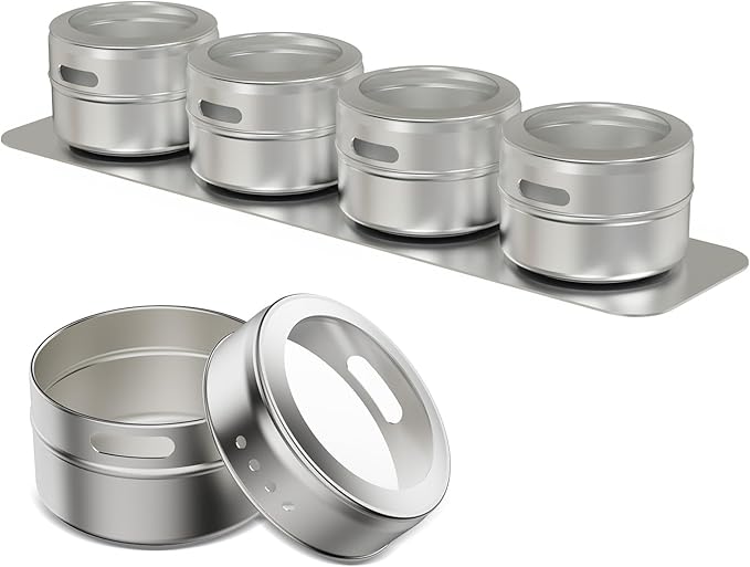 Set of 16 Magnetic Spice Tins with 4 Metal Wall-Plates,100 Preprinted Seasoning Label Stickers,2 Styles for 3 oz Herb Jars