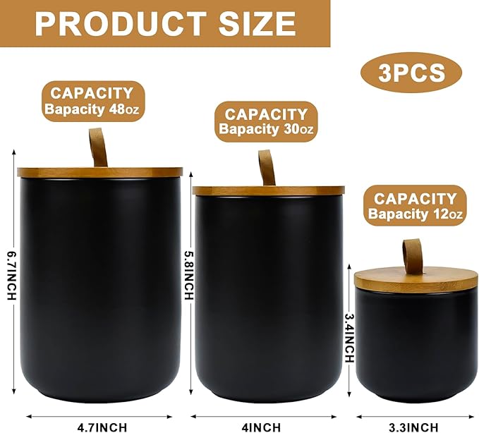Set of 3 Airtight Ceramic Kitchen Canisters with Bamboo Lids, Food Storage Jars for Flour, Sugar, Coffee, Tea Pantry Organization, Dishwasher Safe