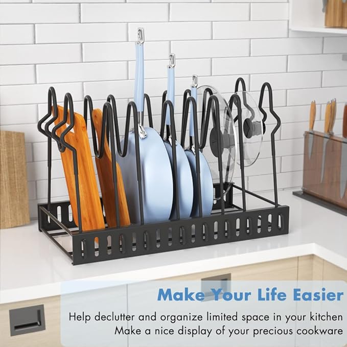Adjustable Pots and Pans Organizer Rack for Cabinet, Metal Pans Pots Lids Storage Holder Rack with 3 DIY Methods for Kitchen, Counter,Black