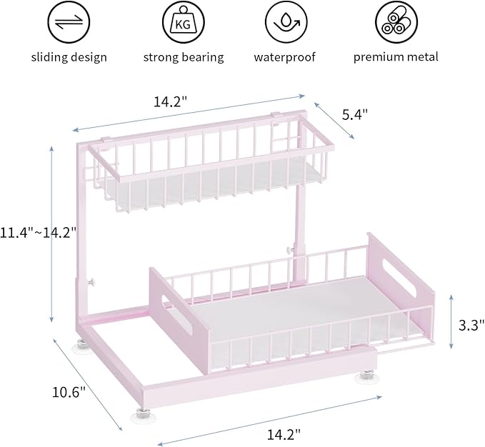 2 Pack Under Sink Organizer Storage 2-Tier Premium Metal Pull-Out Racks, Height Adjustable, Easy Installation | Kitchen & Bathroom Organizers