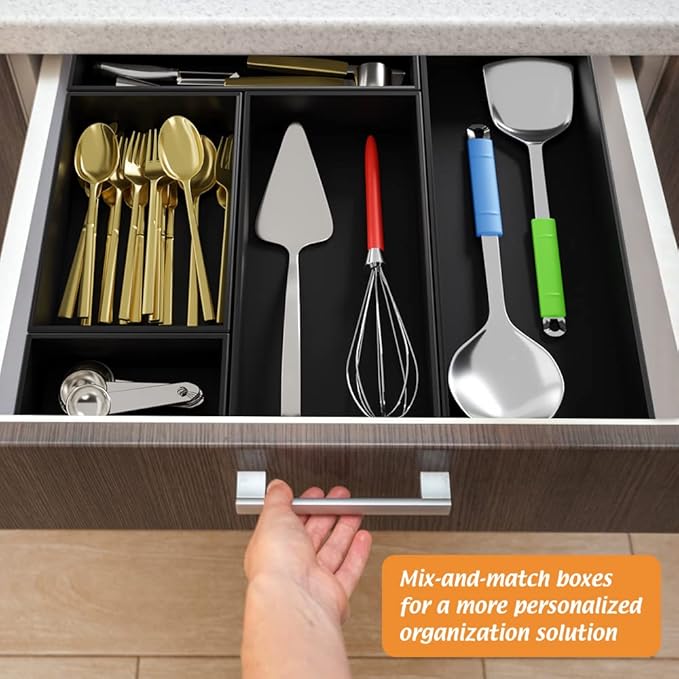 Black Bamboo Drawer Organizer - Silverware&Utensil Holder Organizer for Kitchen Drawers, Multi-Use Drawer Dividers Boxes for Bathroom Counter,Cabinet, Garage, Office Desk, Makeup, Jewelry (9"6"2.5")