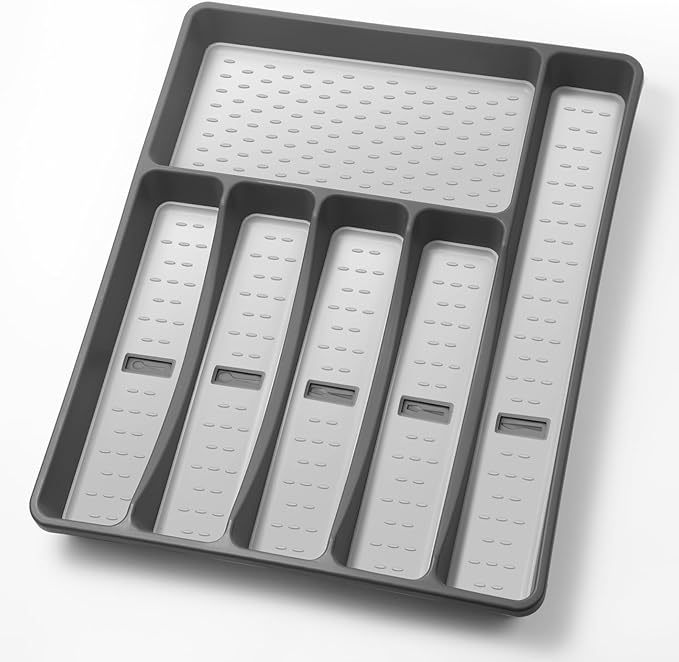 Silverware Organizer with Cutlery Icons,Silverware Tray for Kitchen Drawer,Plastic Flatware Tableware Cultery Drawer Organizer Utensil Organizer with Non-slip TPR Linings,6-Compartment