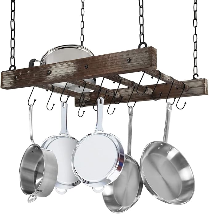 J JACKCUBE DESIGN Hanging Pot Rack Pan Ceiling Wall Mounted Hanger Multi- Purpose Rustic Wood and Metal Cookware Kitchen Storage Organizer With Utility 16 Hooks - MK603B