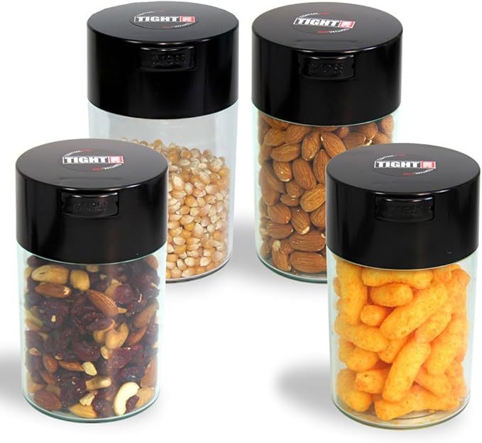 Tightvac - 1 oz to 6 ounce Airtight Multi-Use Vacuum Seal Portable Storage Container for Dry Goods, Food, and Herbs - Black Cap & Clear Body