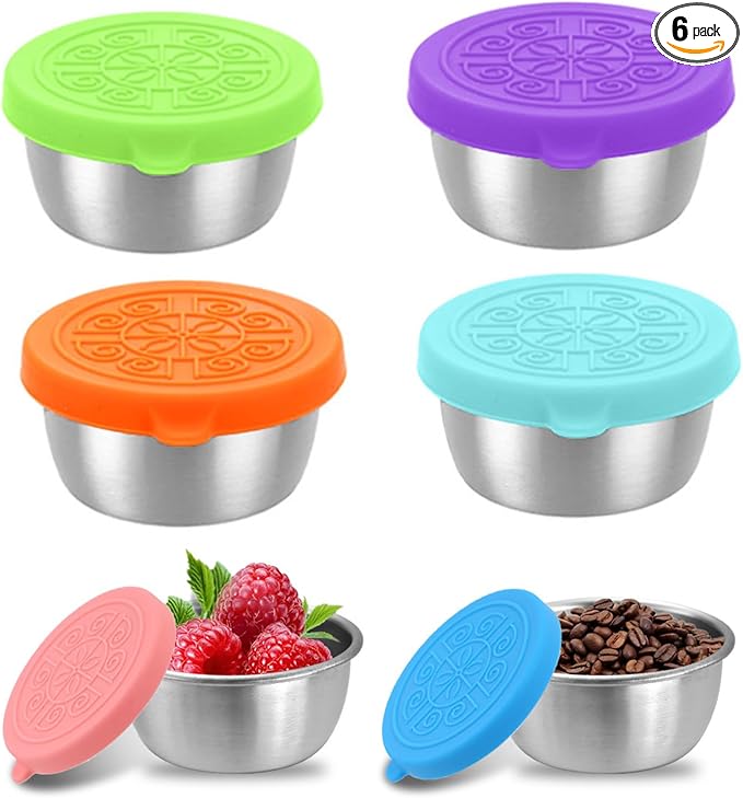 6-Piece Condiment Cups with Colorful Silicone Lids, 50ml Leak-Proof Metal Condiment Container, Stainless Steel Small Sauce Cups Ramekins Perfect for Outdoor Picnics, BBQ, Camping Sauce Storage