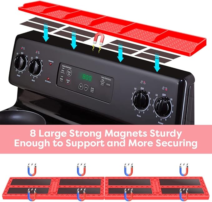 Stove Top for Shelf Silicone,30 Inch Magnetic Over the Stove Spice Rack of Shelf,Kitchen Shelf for Stove Organizer Magnet Above Stovetop Flat Back of Stove Storage Suctioned Shelf for The Stove-Red