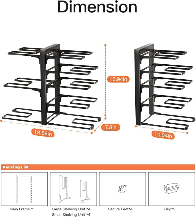 ORDORA Pots and Pans Organizer: Rack for Cabinet, 8-Tier Heavy Duty 120LBS Pots Pans Organizer Rack under Cabinet Adjustable for Dutch Ovens, Cast-iron Pans, Heavy Skillets Griddles, Shallow Pots