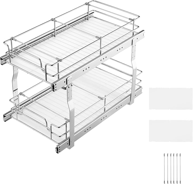 VEVOR 12"W x 21"D Pull Out Cabinet Organizer, Heavy Duty Slide Out Pantry Shelves, Chrome-Plated Steel Roll Out Drawers, Sliding Drawer Storage for Home, Inside Kitchen Cabinet, Bathroom, Under Sink