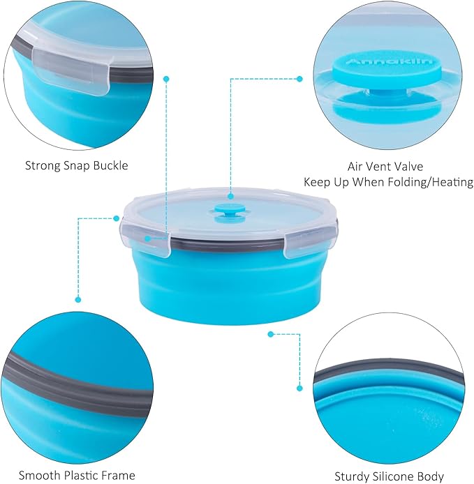 Collapsible Food Storage Containers with Airtight Lid & Vent, 40.5 oz, Kitchen Stacking Silicone Collapsible Meal Container Set for Leftover, Microwave Freezer Dishwasher Safe, Blue Round, Set of 4