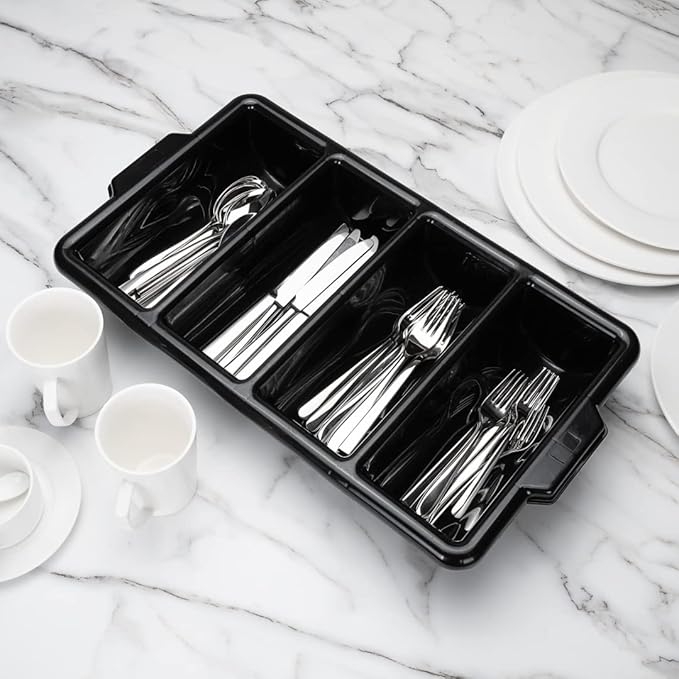 Restaurantware-21.9 x 14.2 x 3.5 Inch Silverware Organizer, 1 Crack-Resistant Cutlery Tray - 4 Compartments, Built-In Handles, Black Plastic Utensils Drawer Holder, For Kitchen Organization