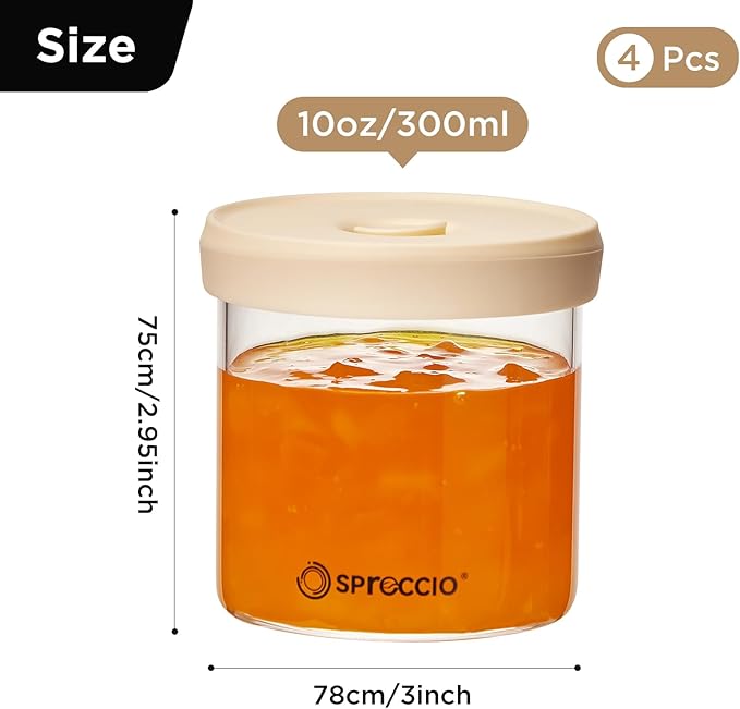 Glass Food Jars - Airtight Dressing Containers with Lids, Perfect for Sauces, Overnight Oats, and Baby Food Storage, Small Glass Jars with Lids, 10oz Pack of 4
