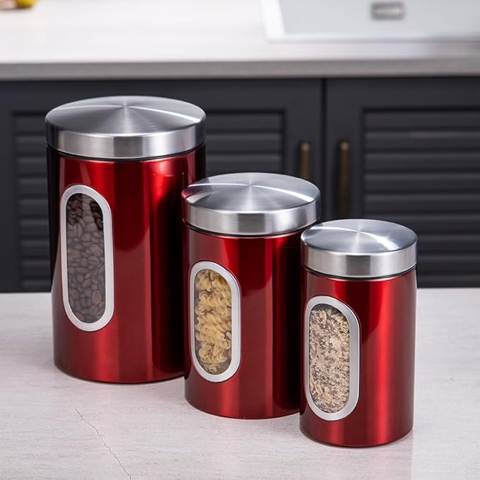 Transparent Red Canisters Sets of 3 Pieces For The Kitchen,0.9/1.6/2.9 Quarts Stainless Steel Coffee Sugar Tea Candy Storage Jars with Window for Home Kitchen Decoration and Accessories