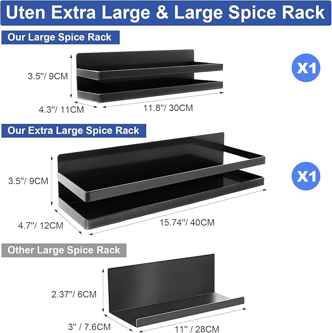 Uten Large Magnetic Spice Rack for Refrigerator, 2 Pack Enhanced Magnetic Shelves, Magnetic Shelf Moveable Fridge Organizer for Kitchen Holding Spices, Jars, Perfect Space Saver Storage Spice Rack