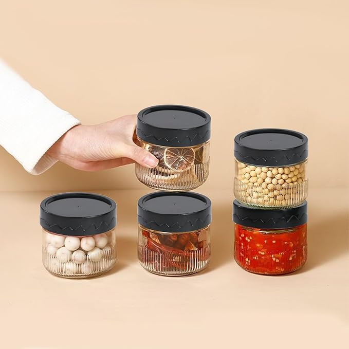 8.5oz Glass Jars with Lids Small Wide Mouth Jar Glass Black Snack Canister for Snack Pudding Yogurt Overnight Oats, 6pack