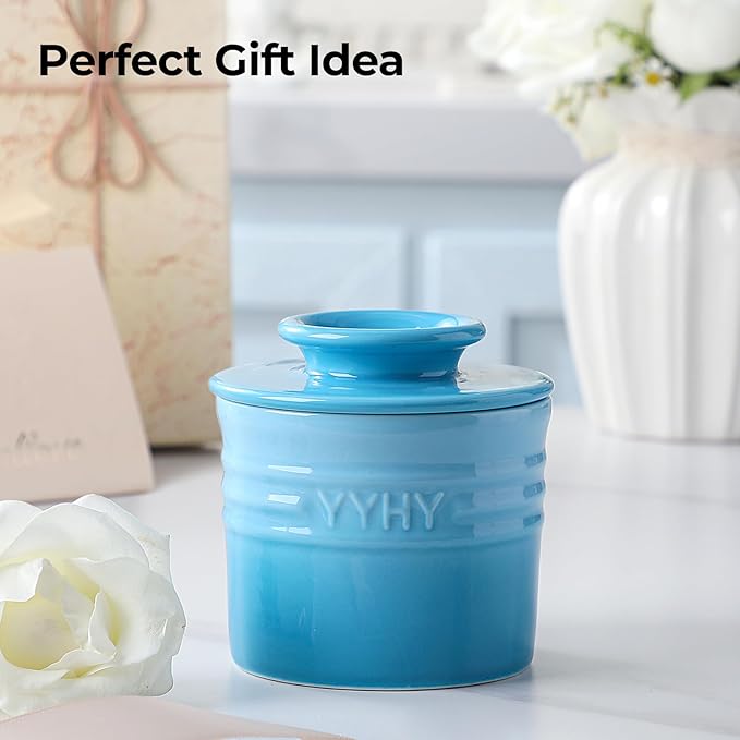 Y YHY Butter Dish with Lid for Countertop, Butter Crock for Counter with Water, Butter Holder for Soft Spreadable Butter, Butter Keepers to Leave on Counter as Kitchen Decor Ideal Gift, Gradient Blue