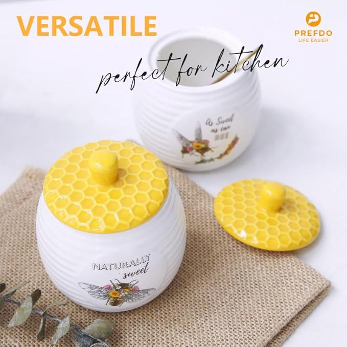 Ceramic Sugar Jar Sugar Bowl with Lid Kitchen Storage Canisters Honey Bee & Flower Pattern Candy Jar for Kitchen Counter Coffee Bar Party Table, 400ml/14oz