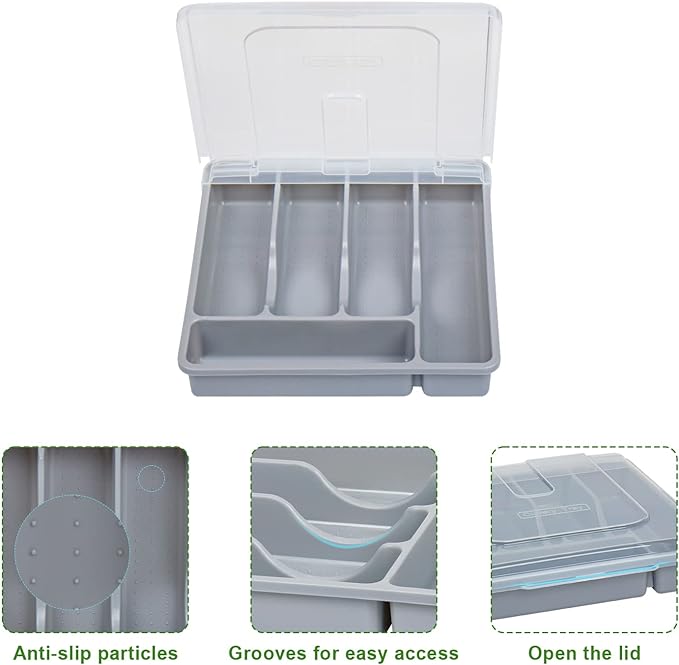 Silverware Holder with Lid, Double Layer Utensil Tray with Cover Large Flatware Organizer Plastic Cutlery Container for Kitchen Drawer Countertop 10 Compartments, Grey
