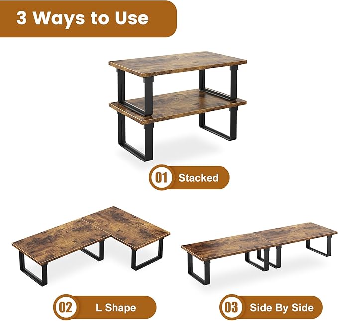 Cabinet Shelf Organizers, Set of 4 Stable Kitchen Counter Shelves, Stackable Expandable Spice Racks, Wood Anti-Slip Kitchen Organizers and Storage, Easy to Assemble, Rustic Brown