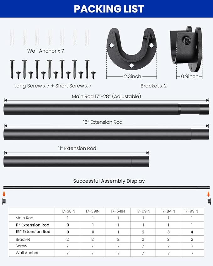 2 PACK Closet Rods for Hanging Clothes, 17 to 39 Inches Stepless Adjustable Metal Closet Rod, 1.3 Inches Heavy Duty Clothes Hanging Rod for Closet Wardrobes Laundry RV