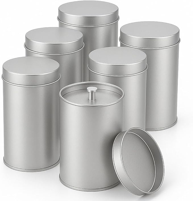 6 Pack Tea Tin Canister with Airtight Double Lids, 12 Fluid Oz Round Metal Canisters – Small Kitchen Storage Containers for Tea, Coffee, Candy, Sugar, Spices (Silver)