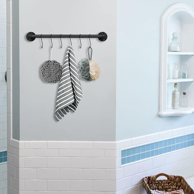21 inch Pot Pan Bar Rack Wall Mounted Set of 2 with 16 Hooks Industrial Pipe Pot Hanger Rustic Iron Pan Hanging Rail Pipe Towel Holder Kitchen Utensil Organizer Black