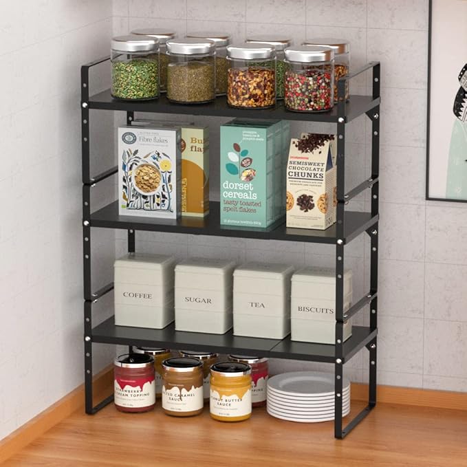 Slideep Expandable Cupboard Organizer,Large Kitchen Cabinet Organizer Stackable Shelf Organizer Large Expandable Shelves, Counter Pantry Storage Organization, Black, 16" to27 L x 10" W, 3 Pack