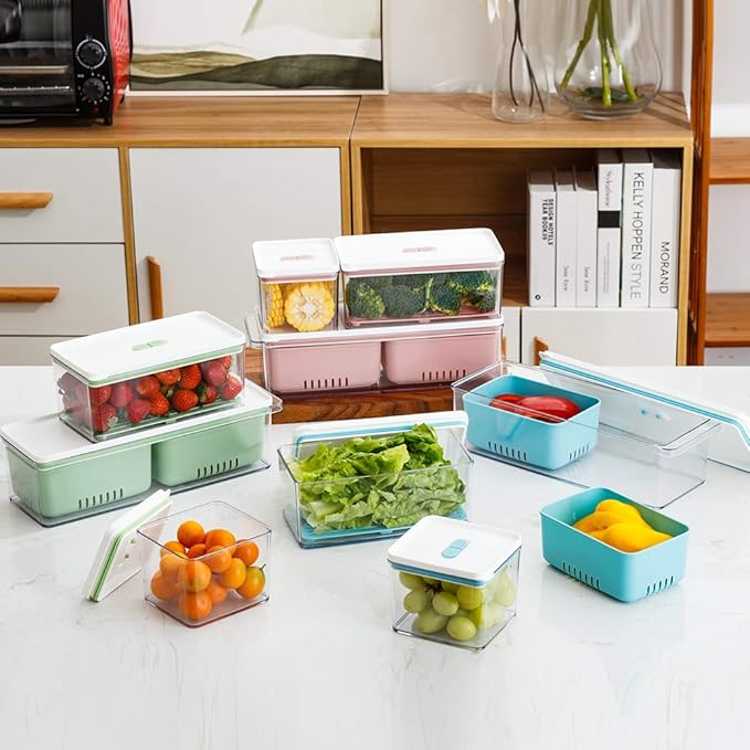 Lille Home Stackable Produce Saver, Organizer Bins/Storage Containers with Removable Drain Tray, Set of Three, for Refrigerators, Cabinets, Countertops and Pantry, BPA Free (Blue,Set of Three)