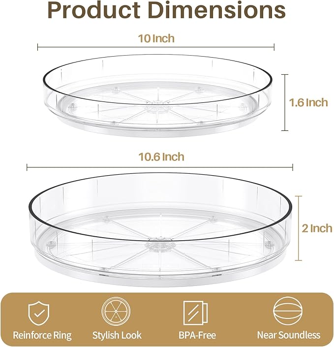 LAMU 2 Pack Clear Lazy Susan Turntable Organizer for Cabinet, 10'' 10.6'' Condiment Organizer for Refrigerator, Kitchen Pantry, Medicine Cabinet Organizer, Spices Rack Organization, Bathroom
