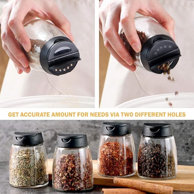 Glass Spice Jars, Double Lids Seasoning Shakers Glass Bottles Spice Shakers Sifter Barbecue Salt & Pepper Shaker Container (4PCS)