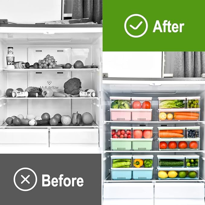 Lille Home Stackable Produce Saver, Organizer Bins/Storage Containers with Removable Drain Tray, Set of Six, for Refrigerators, Cabinets, Countertops and Pantry, BPA Free (Set of Six)