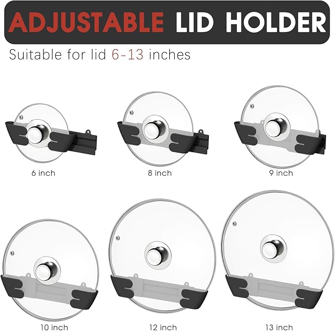 Adjustable Universal Pot Lid Holder Organizer for Cabinet - Upgraded Patented 3 Pack Pan Lids Organizers Inside Door Wall Mount Pots Top Rack for Kitchen Cupboard Fit 6" to 13" (Black)