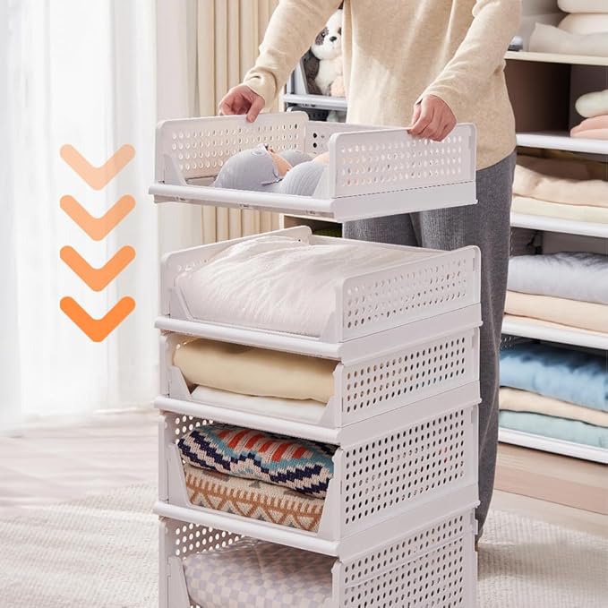 yazi 5XL Stackable Plastic Storage Basket,Closet Storage Bins for Clothes Sweater Organizer for Closet Folding Closet Organizers and Storage Closet Shelf Storage Container for Cupboard Bedroom