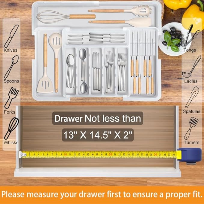 Homecor Silverware Organizer for Kitchen Drawer, Expandable Utensil Drawer Organizer with 2 Knife Block, Flatware and Cutlery Holder, Adjustable Plastic Storage for Spoons Forks Knives
