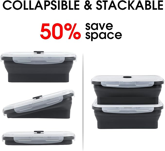 Collapsible Food Storage Containers with Lids, 8 Pack, 27 oz Silicone 1-Compartment Meal Prep Containers Reusable, Lunch Bento Boxes for Adults, Microwave Freezer Dishwasher Safe, BPA-Free, Black